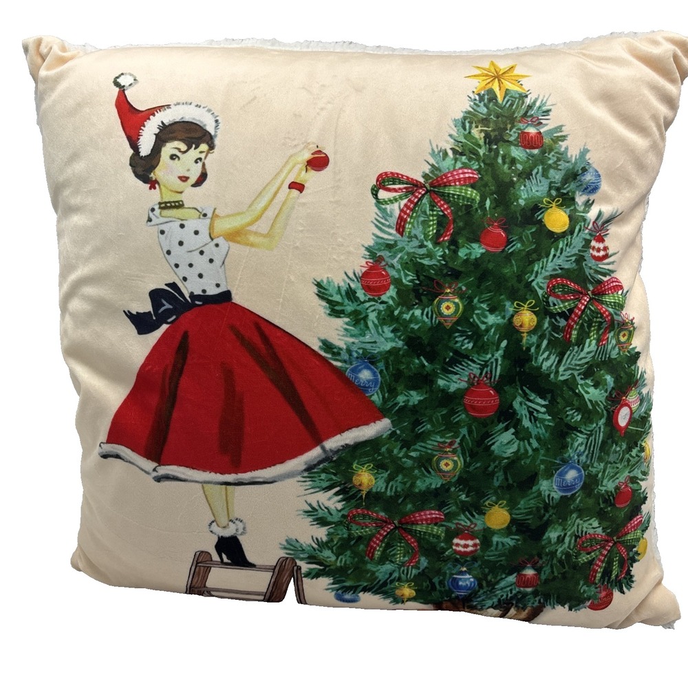 NWT Retro MCM Christmas Themed Throw Pillow 20" Fur On Back Warm And Cozy
